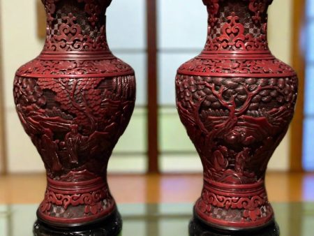 Japanese Carved Vase In Red Lacquer, A Pair For Sale