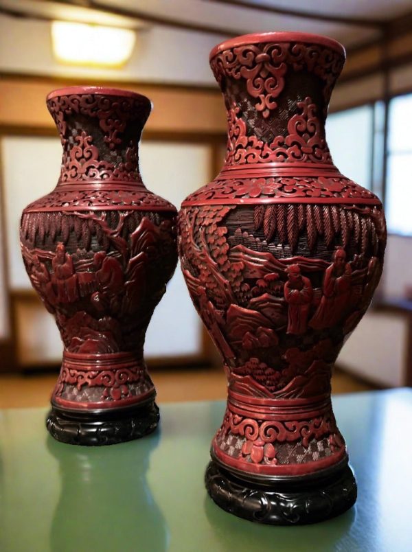 Japanese Carved Vase In Red Lacquer, A Pair For Sale